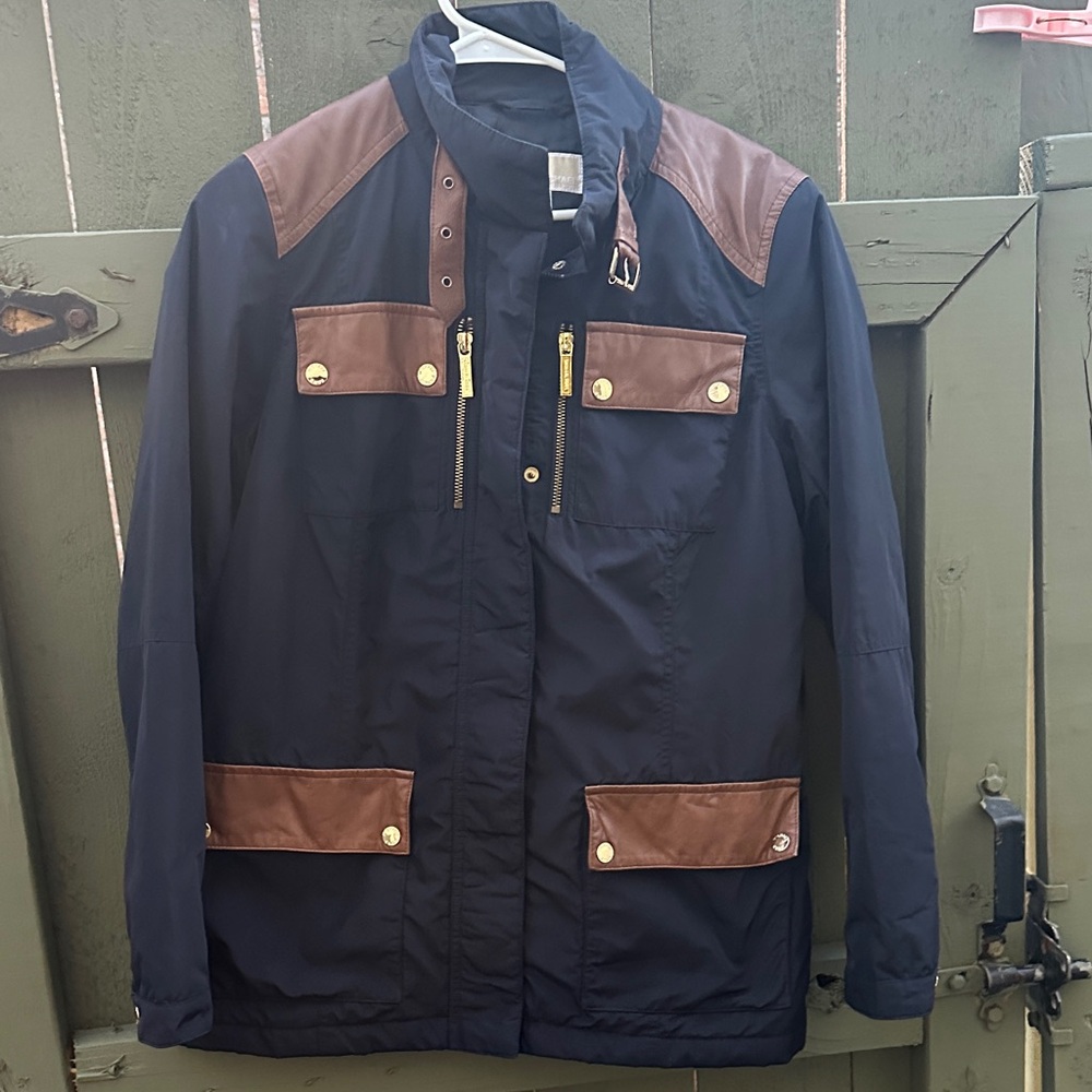 Michael Kors Navy Field Jacket with Brown Trim